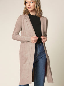 WSK2251 Long Sleeve Solid Open Front Long Knited Cardigan Sweater with Pocket