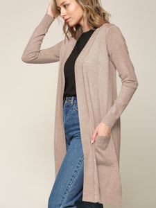 WSK2251 Long Sleeve Solid Open Front Long Knited Cardigan Sweater with Pocket