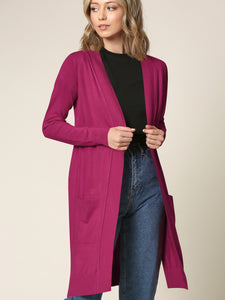 WSK2251 Long Sleeve Solid Open Front Long Knited Cardigan Sweater with Pocket