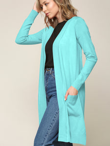 WSK2251 Long Sleeve Solid Open Front Long Knited Cardigan Sweater with Pocket