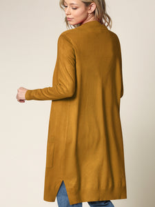 WSK2251 Long Sleeve Solid Open Front Long Knited Cardigan Sweater with Pocket