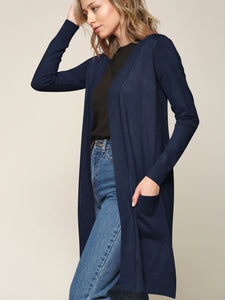 WSK2251 Long Sleeve Solid Open Front Long Knited Cardigan Sweater with Pocket