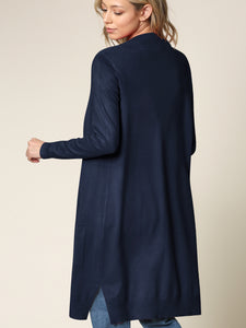 WSK2251 Long Sleeve Solid Open Front Long Knited Cardigan Sweater with Pocket