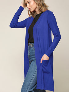 WSK2251 Long Sleeve Solid Open Front Long Knited Cardigan Sweater with Pocket