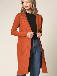 WSK2251 Long Sleeve Solid Open Front Long Knited Cardigan Sweater with Pocket