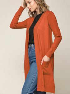 WSK2251 Long Sleeve Solid Open Front Long Knited Cardigan Sweater with Pocket