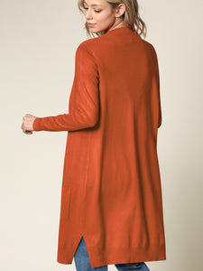 WSK2251 Long Sleeve Solid Open Front Long Knited Cardigan Sweater with Pocket