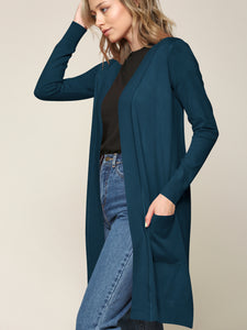 WSK2251 Long Sleeve Solid Open Front Long Knited Cardigan Sweater with Pocket