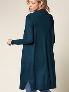 WSK2251 Long Sleeve Solid Open Front Long Knited Cardigan Sweater with Pocket