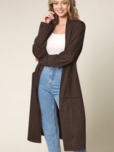 WSK2331 Women's Casual Cozy Braided Open Front Long Pocket Cardigan Sweater