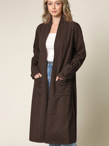 WSK2331 Women's Casual Cozy Braided Open Front Long Pocket Cardigan Sweater