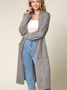 WSK2331 Women's Casual Cozy Braided Open Front Long Pocket Cardigan Sweater