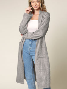 WSK2331 Women's Casual Cozy Braided Open Front Long Pocket Cardigan Sweater
