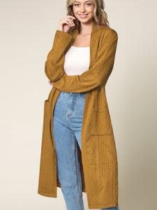 WSK2331 Women's Casual Cozy Braided Open Front Long Pocket Cardigan Sweater