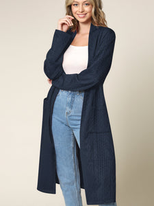 WSK2331 Women's Casual Cozy Braided Open Front Long Pocket Cardigan Sweater
