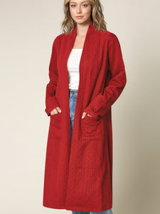 WSK2331 Women's Casual Cozy Braided Open Front Long Pocket Cardigan Sweater