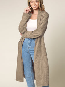WSK2331 Women's Casual Cozy Braided Open Front Long Pocket Cardigan Sweater