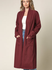 WSK2331 Women's Casual Cozy Braided Open Front Long Pocket Cardigan Sweater