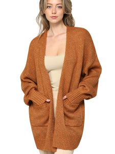 WSK 2380 Womens Kimono Long Batwing Sleeve Open Front Chunky  Knit Cardigan Loose Sweater with Pocket