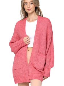 WSK 2380 Womens Kimono Long Batwing Sleeve Open Front Chunky  Knit Cardigan Loose Sweater with Pocket