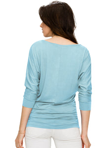 WT1036 Women's V-Neck 3/4 Sleeve Drape Dolman Shirt Top with Side Shirring