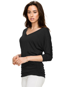 WT1036 Women's V-Neck 3/4 Sleeve Drape Dolman Shirt Top with Side Shirring
