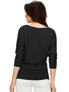 WT1036 Women's V-Neck 3/4 Sleeve Drape Dolman Shirt Top with Side Shirring