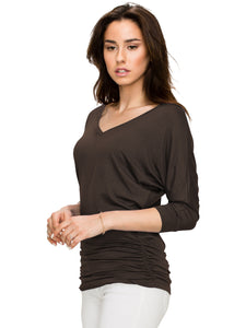 WT1036 Women's V-Neck 3/4 Sleeve Drape Dolman Shirt Top with Side Shirring