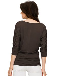 WT1036 Women's V-Neck 3/4 Sleeve Drape Dolman Shirt Top with Side Shirring