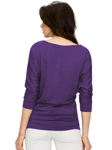 WT1036 Women's V-Neck 3/4 Sleeve Drape Dolman Shirt Top with Side Shirring