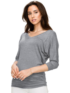 WT1036 Women's V-Neck 3/4 Sleeve Drape Dolman Shirt Top with Side Shirring