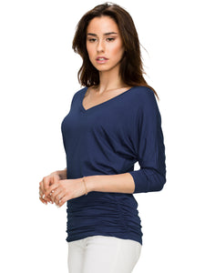 WT1036 Women's V-Neck 3/4 Sleeve Drape Dolman Shirt Top with Side Shirring