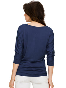 WT1036 Women's V-Neck 3/4 Sleeve Drape Dolman Shirt Top with Side Shirring
