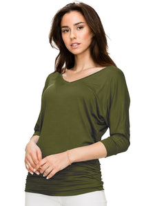 WT1036 Women's V-Neck 3/4 Sleeve Drape Dolman Shirt Top with Side Shirring