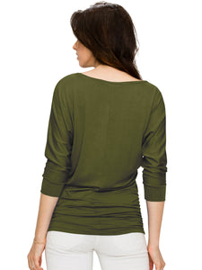 WT1036 Women's V-Neck 3/4 Sleeve Drape Dolman Shirt Top with Side Shirring