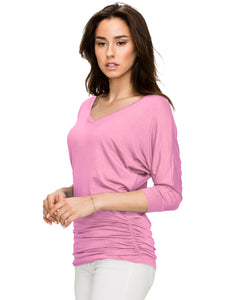 WT1036 Women's V-Neck 3/4 Sleeve Drape Dolman Shirt Top with Side Shirring