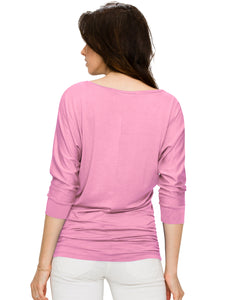 WT1036 Women's V-Neck 3/4 Sleeve Drape Dolman Shirt Top with Side Shirring