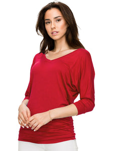 WT1036 Women's V-Neck 3/4 Sleeve Drape Dolman Shirt Top with Side Shirring