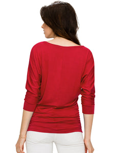 WT1036 Women's V-Neck 3/4 Sleeve Drape Dolman Shirt Top with Side Shirring