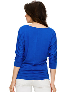 WT1036 Women's V-Neck 3/4 Sleeve Drape Dolman Shirt Top with Side Shirring