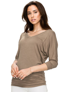 WT1036 Women's V-Neck 3/4 Sleeve Drape Dolman Shirt Top with Side Shirring