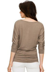 WT1036 Women's V-Neck 3/4 Sleeve Drape Dolman Shirt Top with Side Shirring