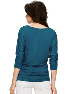 WT1036 Women's V-Neck 3/4 Sleeve Drape Dolman Shirt Top with Side Shirring