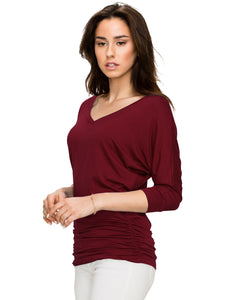 WT1036 Women's V-Neck 3/4 Sleeve Drape Dolman Shirt Top with Side Shirring