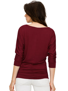 WT1036 Women's V-Neck 3/4 Sleeve Drape Dolman Shirt Top with Side Shirring