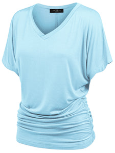 WT1037 Women's Solid Short Sleeve V Neck Dolman Top with Side Shirring