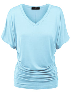 WT1037 Women's Solid Short Sleeve V Neck Dolman Top with Side Shirring