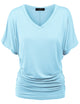 WT1037 Women's Solid Short Sleeve V Neck Dolman Top with Side Shirring