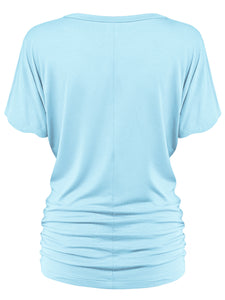 WT1037 Women's Solid Short Sleeve V Neck Dolman Top with Side Shirring
