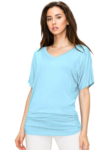 WT1037 Women's Solid Short Sleeve V Neck Dolman Top with Side Shirring